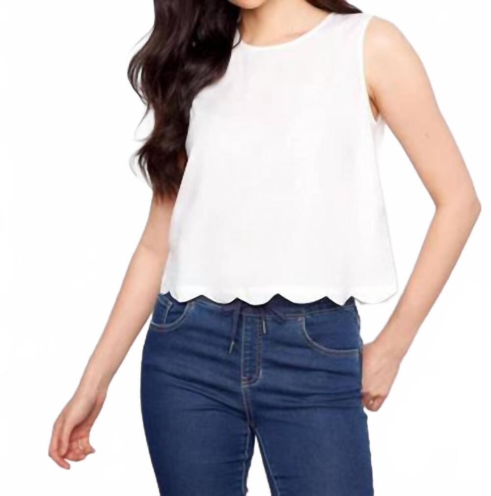 NEW CHARLIE B linen blend scalloped top in white